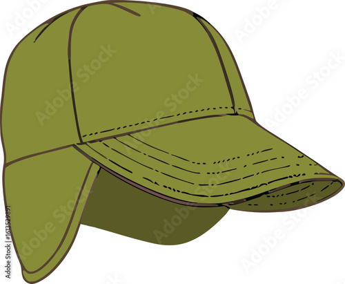 Olive green cap with ear flaps and stitching detail headwear