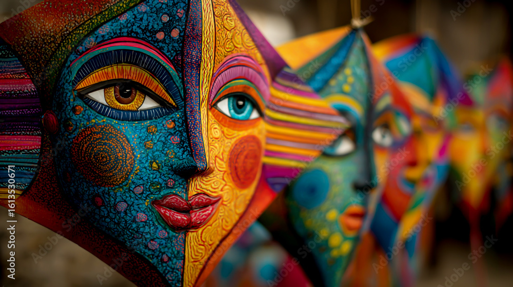 Obraz premium Colorful handmade paper kites and fish-shaped toys, Oaxaca are adorned with bright colors and designs
