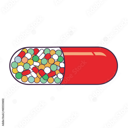 Colorful capsule filled with small pills and granules medicine health