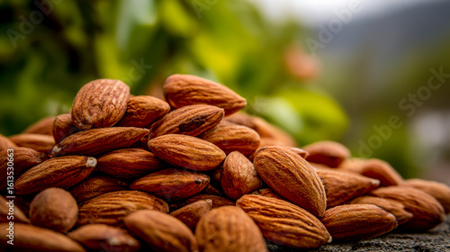 Close-up of the picturesque landscape of almond groves and their lush green leaves