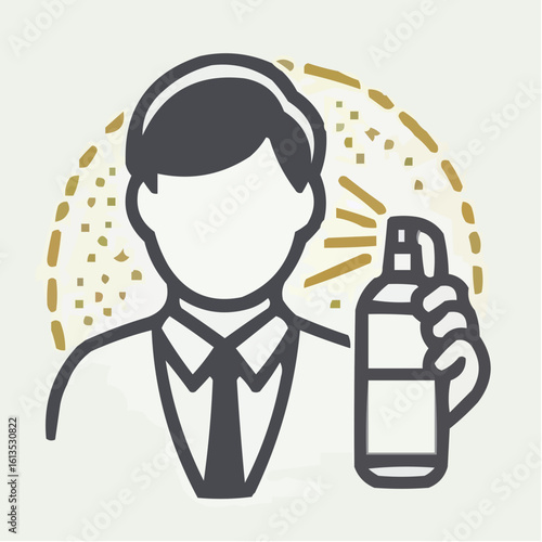 Man holding disinfection spray in minimalistic style on neutral background, dentistry 