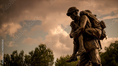 Sculpture of an old soldier carrying another wounded soldier in his arms