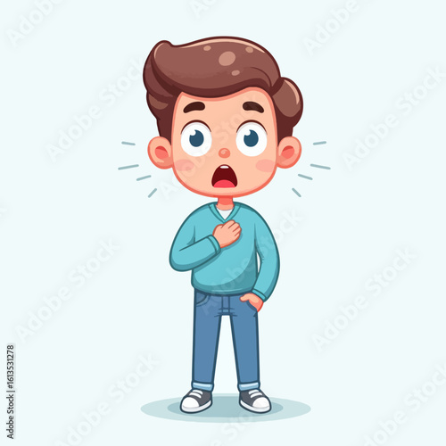 A surprised young boy with his mouth open and hand on his chest, expressing shock.