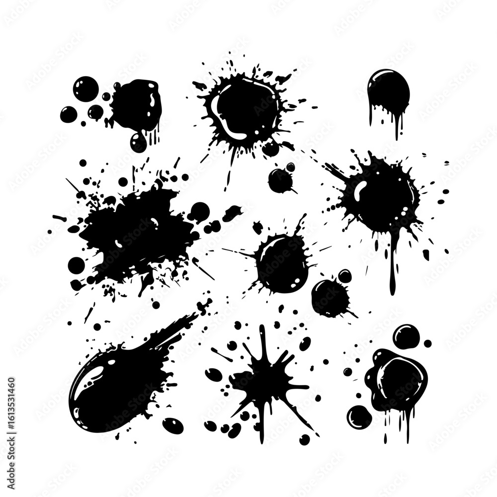 Fototapeta premium Ink Drops and Splashes Abstract Clipart White Background