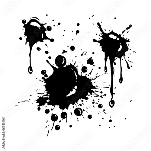 Abstract Ink Drops and Splashes Set Clipart on White Background