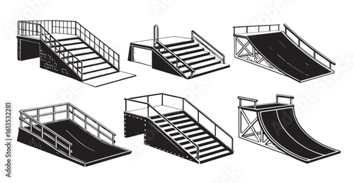 Collection of six industrial stair and ramp structures in silhouette