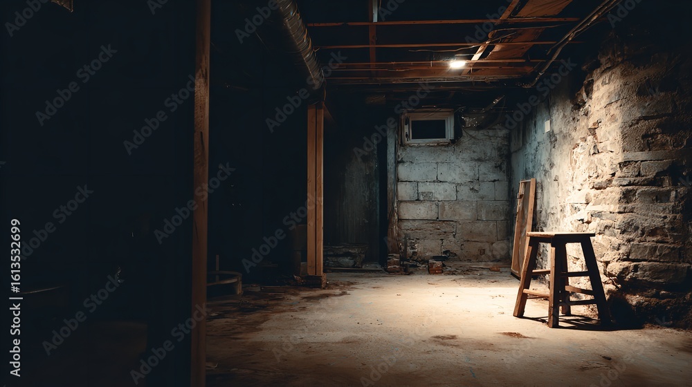 Dark Basement Interior: Old Concrete Walls, Wooden Structure, and Single Window Dark Basement Interior: Old Concrete Walls, Wooden Structure, and Single Window