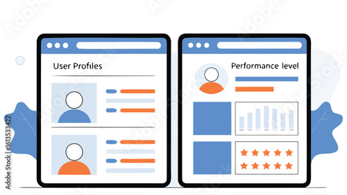 Illustration of two web pages showing user profiles and performance levels with graphs and star ratings