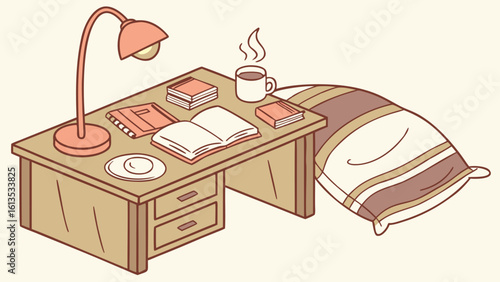 Illustration of a desk with a lamp books a mug and a pillow in a cozy study room setting perfectly drawn