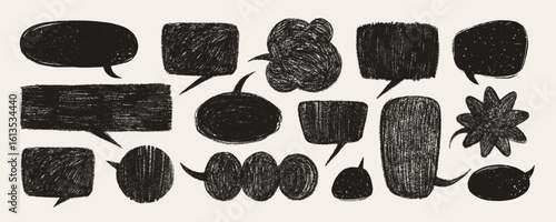 Crayon speech bubble vector set in black with rough texture on light background. Hand drawn talk and text elements in sketchy cartoon style. Perfect for comics, retro posters, creative layouts