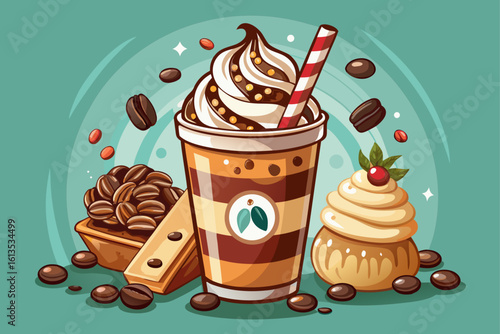 vector of Iced coffee frappuccino served with oreo cookies. Stream of chocolate syrup, decorated with whipped cream. Cooling drink with ice, coffee beans...