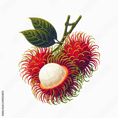 A vibrant illustration of a cluster of ripe rambutans, one of which is peeled to reveal its translucent white flesh and seed.