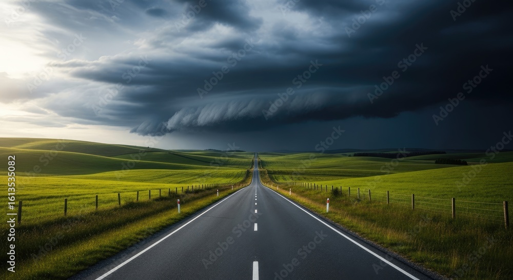 Fototapeta premium Dramatic open road leads through rolling green hills under a powerful, dark storm cloud creating an epic, adventurous journey.