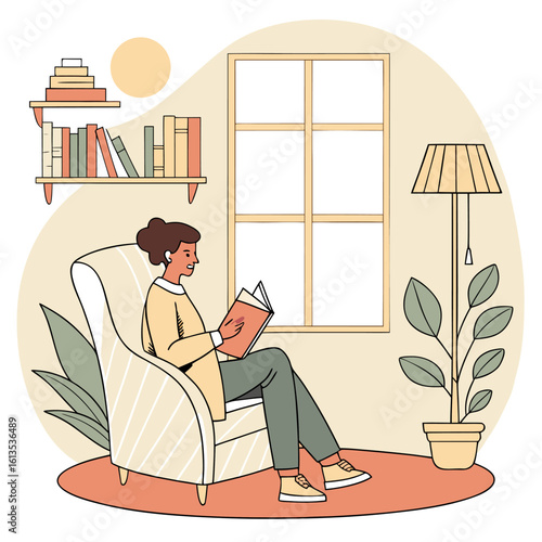 Woman sitting in armchair reading a book near window and bookshelf in a cozy room illustration