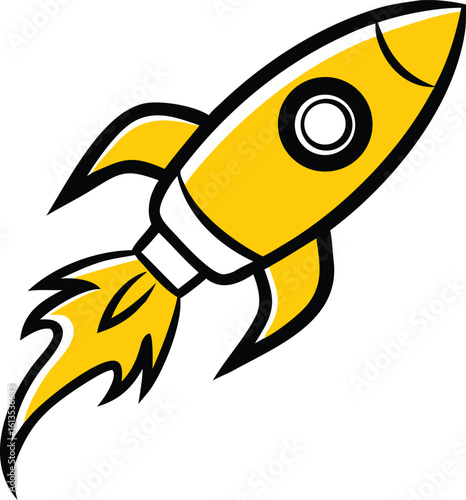 Bright yellow cartoon rocket ship with flame spaceship space
