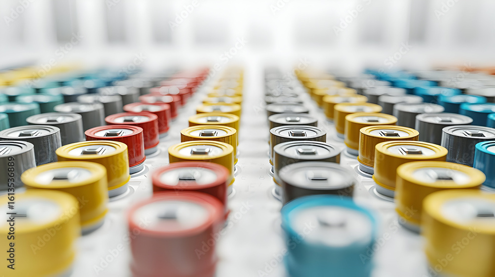 Obraz premium Multicolored cylindrical components arranged in rows on a light surface. Close-up view
