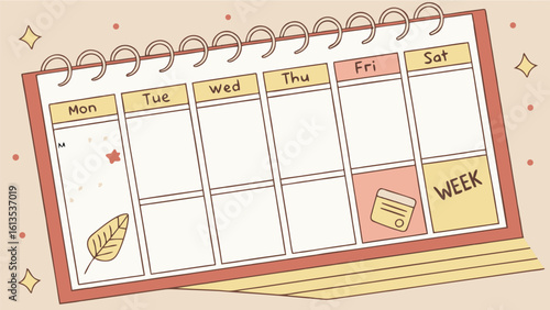 Illustration of a weekly calendar with days of the week and decorative elements on a light background