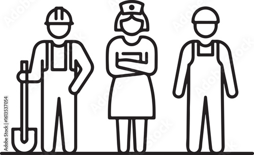 Line art depicting essential workers construction worker nurse and factory worker