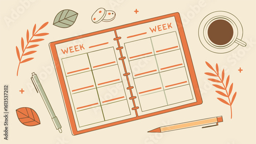 Overhead view of an open weekly planner with pens coffee and leaves on a light beige background flat lay style
