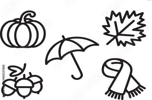 Minimalist Black and White Autumn Icons Pumpkin Umbrella Leaf Acorn and Scarf