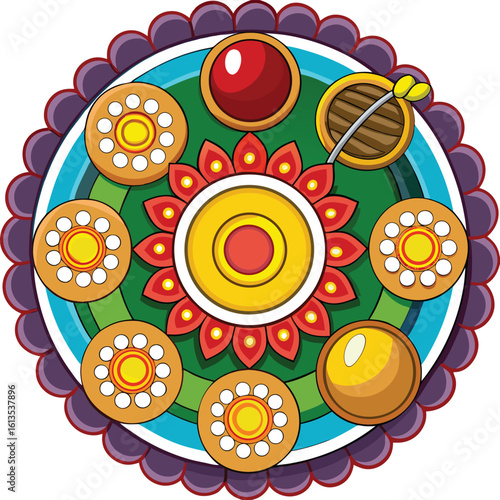 Raksha Bandhan Thali with Sweets and Diya – Flat Top-View Illustration