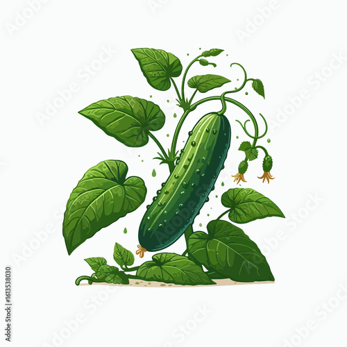 A vibrant illustration of a cucumber plant with a ripe green cucumber, large leaves, and small yellow flowers, growing on a vine.