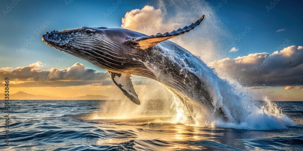 Obraz premium Majestic Whale Breaching at Golden Hour, a Spectacular Display of Ocean Life's Power and Grace