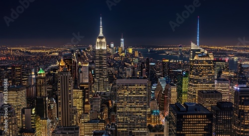 Stunning New York City skyline at night, illuminated by countless glowing windows and iconic skyscrapers reaching for the dark sky.
