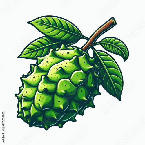 A vibrant, stylized illustration of a ripe soursop fruit with green leaves on a branch, showcasing its spiky texture and natural beauty.