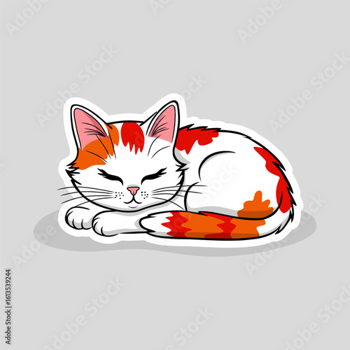 Adorable ginger spotted cat sleeping. Cartoon-style sticker with a cozy and relaxed kitten curled up in a nap. For use in planners, messages, social media, stationery, or pet-themed designs.