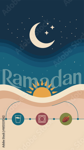 Ramadan illustration with moon stars and fasting symbols