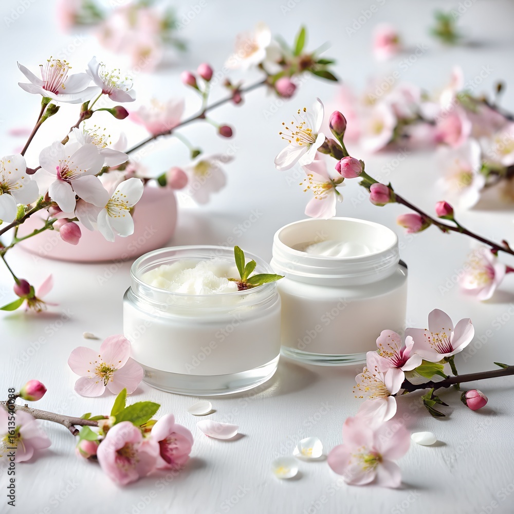 Photo of two jars of white skincare cream are surrounded by delicate pink and white cherry blossoms Photo of two jars of white skincare cream are surrounded by delicate pink and white cherry blossoms