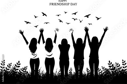Vector art of friends celebrating friendship day with arms raised and birds flying