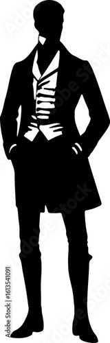 The image shows a full-body silhouette of a man in 18th-century attire, standing with his hands in his pockets, wearing a coat, waistcoat, and knee-high boots, suggesting a formal or aristocratic styl
