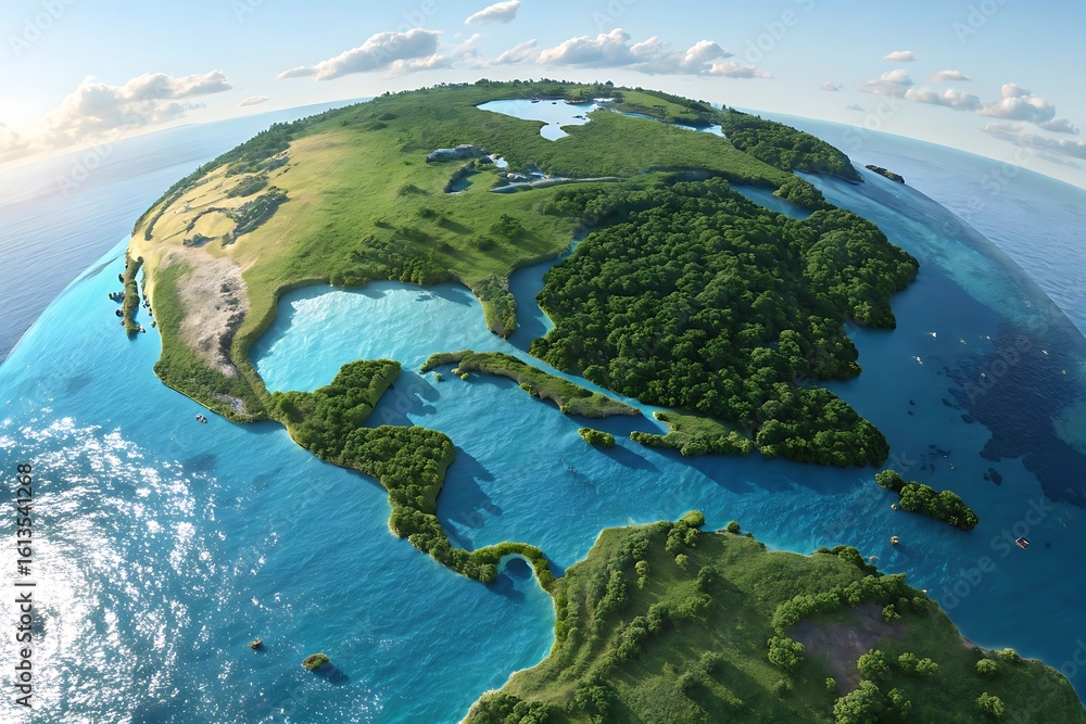 Fototapeta premium Lush green continents surrounded by sparkling blue oceans earth planet