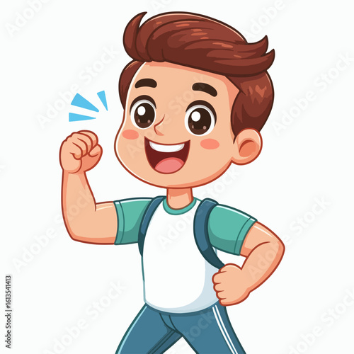 A happy young boy with brown hair and a backpack, flexing his bicep with a determined expression.