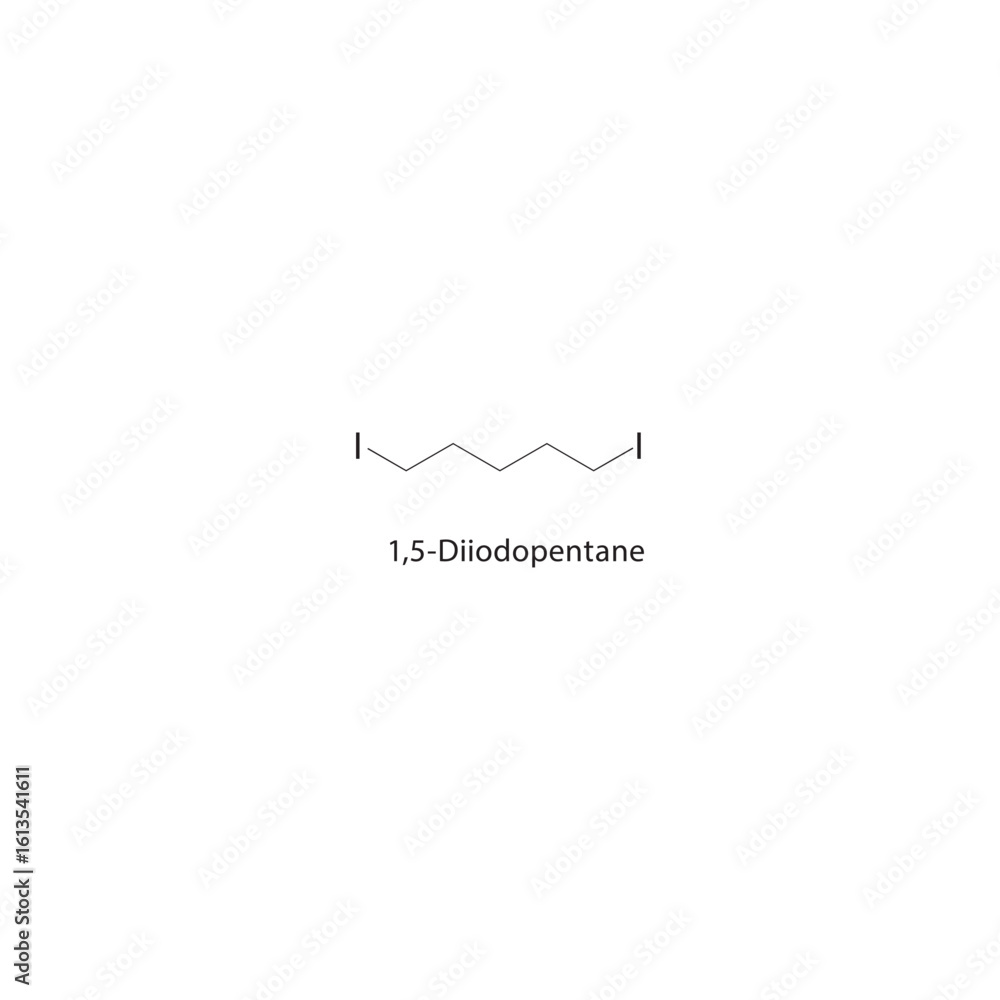 1,5-Diiodopentane skeletal structure. Iodoalkane compound schematic illustration. Simple diagram, chemical formula. 1,5-Diiodopentane skeletal structure. Iodoalkane compound schematic illustration. Simple diagram, chemical formula.