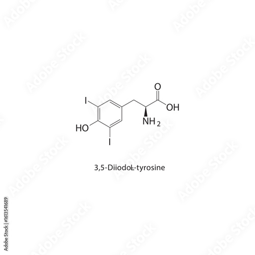 3,5-Diiodo-L-tyrosine skeletal structure. Amino Acid compound schematic illustration. Simple diagram, chemical formula.