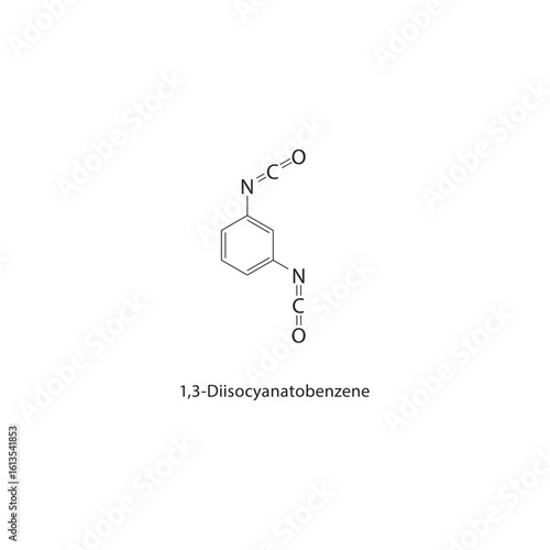 1,3-Diisocyanatobenzene skeletal structure. Isocyanate compound schematic illustration. Simple diagram, chemical formula.