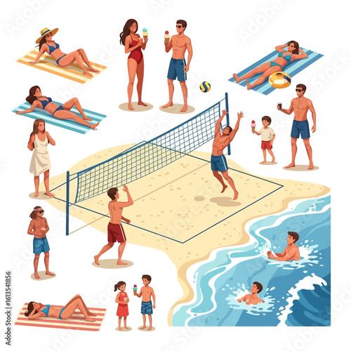 Beach Volleyball Players in Action: Dynamic Duo Spiking, Sand Court Setting