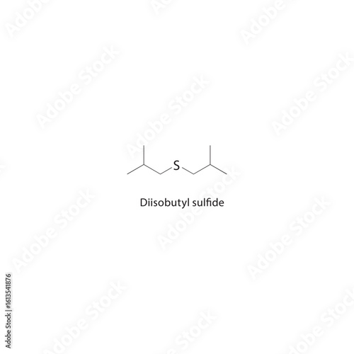 Diisobutyl sulfide skeletal structure. Alkyl Sulfide compound schematic illustration. Simple diagram, chemical formula.