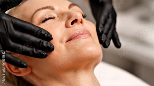 Mature Woman Receiving Gentle Facial Massage with Black Gloves Spa Treatment Rejuvenation Skincare Wellness, facial massage, spa treatment, skincare, wellness, rejuvenation, beauty, close up, woman, m