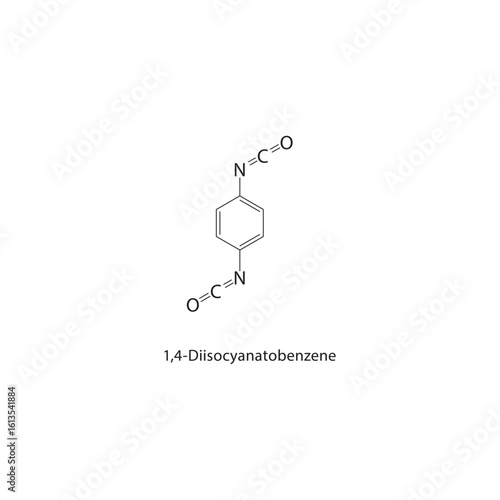 1,4-Diisocyanatobenzene skeletal structure. Isocyanate compound schematic illustration. Simple diagram, chemical formula.