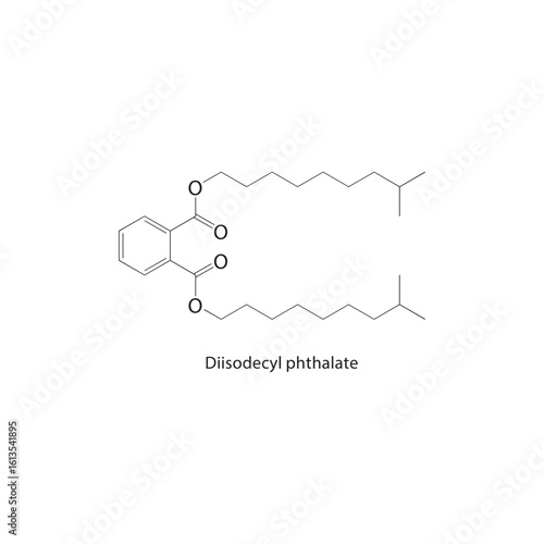 Diisodecyl phthalate skeletal structure. Phthalate Ester compound schematic illustration. Simple diagram, chemical formula.