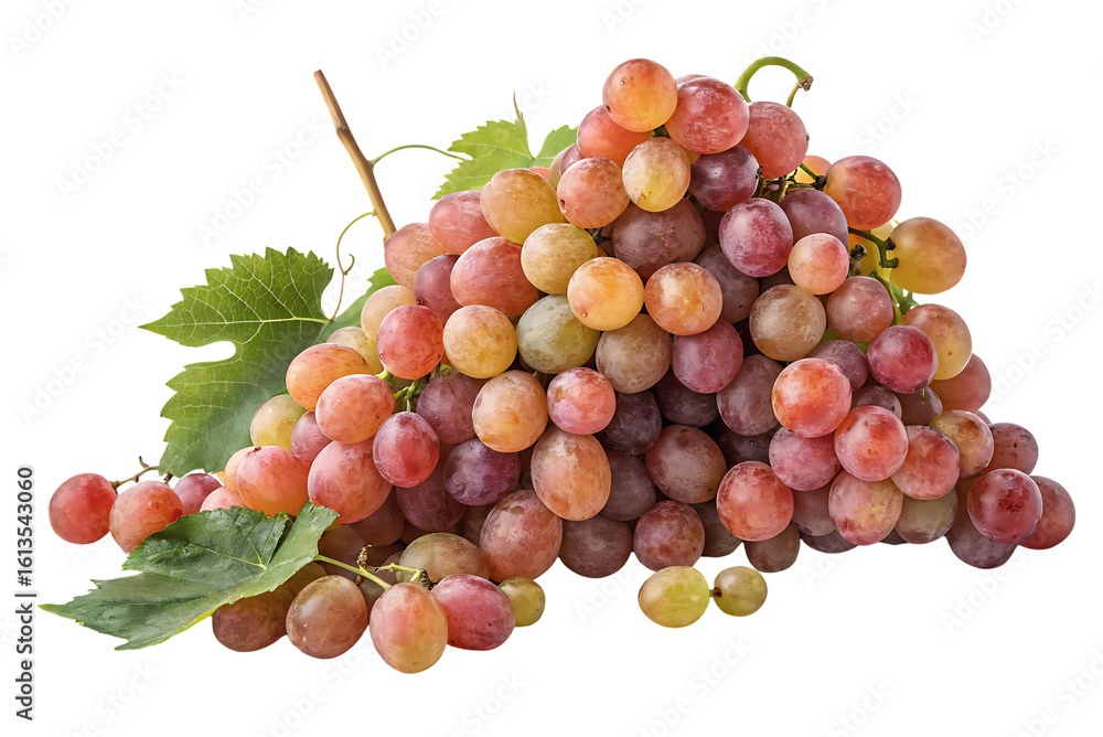 Fototapeta premium Large mixed variety grape cluster showing red purple yellow colors with green leaves attached, isolated on a transparent background