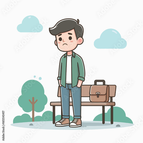 A sad young man stands alone on a park bench with a briefcase beside him.