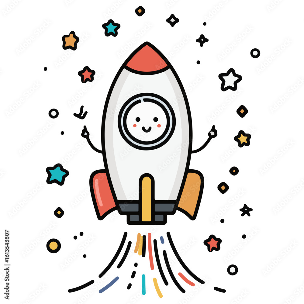 Happy Rocket with Thumbs Up Launching to Stars Cartoon Happy Rocket with Thumbs Up Launching to Stars Cartoon