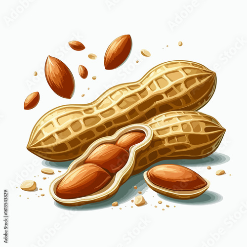 A close-up illustration of several peanuts, with one shell cracked open revealing the nuts inside.