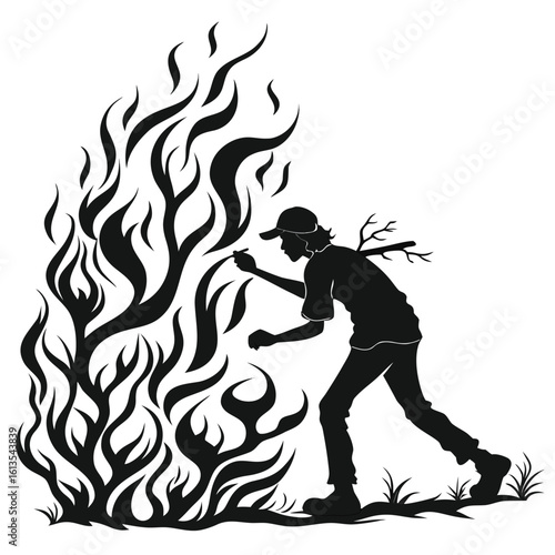 Young person playing with fire outdoors a dangerous activity