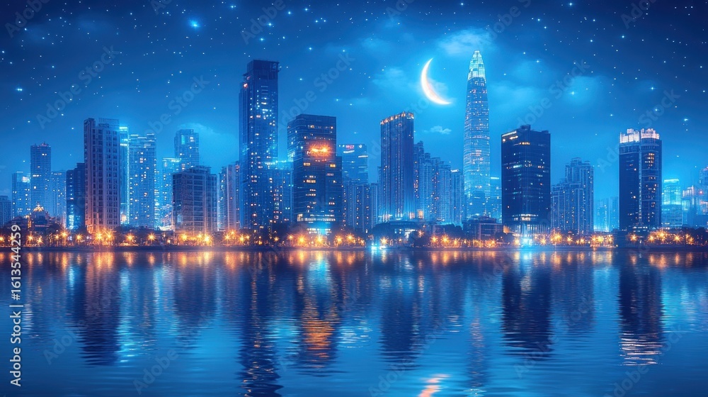 Fototapeta premium Night city skyline reflecting on water under a starry sky